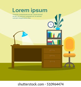 Empty Workplace Desk Workspace Office Interior No People Flat Vector Illustration