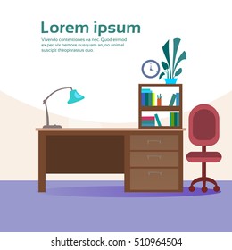 Empty Workplace Desk Workspace Office Interior No People Flat Vector Illustration