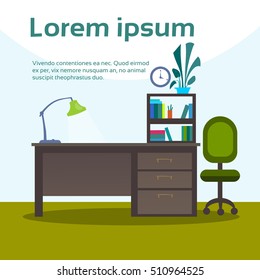 Empty Workplace Desk Workspace Office Interior No People Flat Vector Illustration