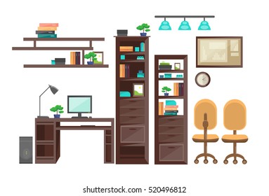 Empty Workplace Desk Workspace Office Interior No People Flat Vector Illustration