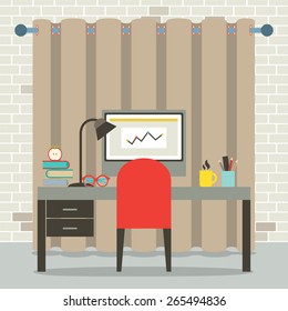 Empty Workplace Flat Design Vector Illustration