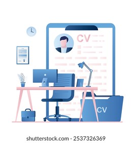 Lugar de trabajo vacío del especialista en recursos humanos. Oficina de la agencia de contratación. Entrevista de trabajo, proceso de empleo, elección de un concepto de candidato. Gran CV en segundo plano. Ilustración vectorial de estilo de moda