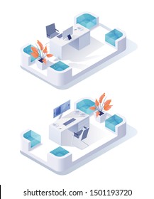 Empty workplace isometric vector illustrations set. Modern office 3D workspace with no people. Company employee, executive manager personal cabinet interior design element. Desktop, armchair and plant