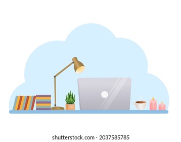 Empty workplace with a laptop computer. Flat vector illustration of freelance, work at home, work, office, education, employee search, vacancy. Remote work and communication in social networks