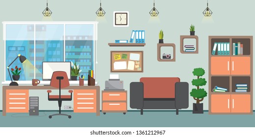 Empty Workplace in Modern office or cabinet in the house,interior with furniture and plants,flat vector illustration