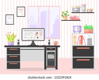 Empty workplace in a modern office or office in the house. Interior: Desk, wardrobe, bedside table, rack, computer, books, plants, clock, window