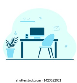 Empty workplace in the office. Chair, table, monitor, computer, shelf, pot with exotic plant.  Cabinet for the company employee. Blue background.  Flat Vector illustration. 