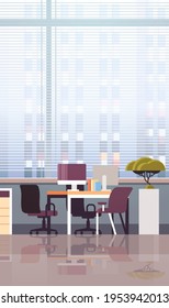 empty workplace office desk with desktop computer modern cabinet interior