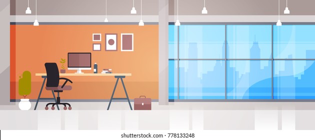 Empty Workplace Office Desk With Desktop Computer Workspace Interior Concept Flat Vector Illustration