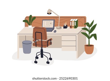 Lugar de trabajo vacío, escritorio de oficina con ordenador portátil, lámpara de mesa, papelería y silla. Espacio de trabajo con ordenador, planta y asiento. Muebles de Profesional. Ilustración vectorial plana aislada sobre fondo blanco