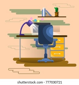 Empty Workplace Seat With Laptop Computer Business Worker Workspace Office Flat Vector Illustration