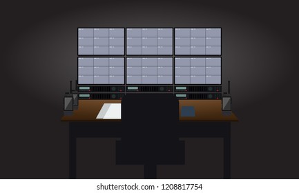 Empty Workplace security guard room. Tv sets showing surveillance cameras view. Flat color style Vector illustration