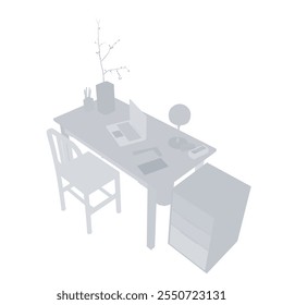 Empty Workplace silhouette, Desk Chair Computer Workspace Office No People. Vector illustration. Isometric view
