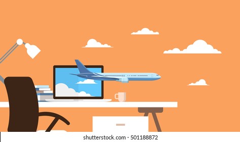 Empty Workplace Table Laptop Buy Ticket Online Application Travel Booking Air Plane Flight Flat Vector Illustration