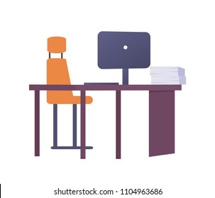 Empty workplace with table, metal chair, laptop side view on balnk desktop vector illustration isolated on white, flat style design workscape mockup