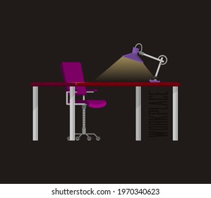 Empty Workplace Vacant, Desk, Chair, Desk Lamp Cartoon Style.