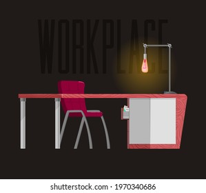 Empty Workplace Vacant, Desk, Chair, Desk Lamp Cartoon Style.