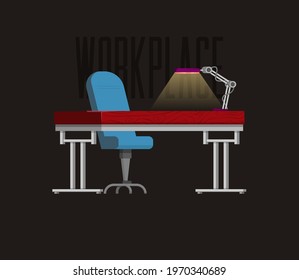 Empty Workplace Vacant, Desk, Chair, Desk Lamp Cartoon Style.