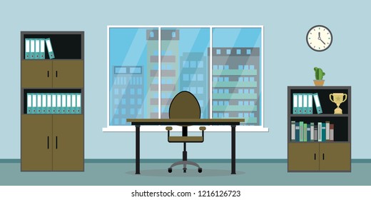Empty workplace,modern interior of business workspace,window with cityscape view,flat vector illustration