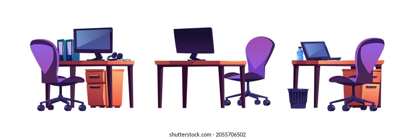 Empty workplaces with computers, desks and chairs, business office or home furniture isolated cartoon set. Vector modern empty workplace, comfortable armchair for boss, clerk, corporate employee