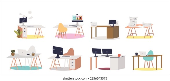 Empty workplaces set with office desks, computers pc, documents, coffee and chairs for employee. Modern comfortable workspace for manager worker. Vector illustration