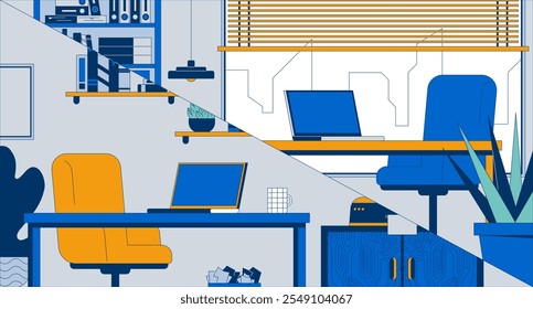 Lugares de trabajo vacíos para portátiles de reuniones virtuales ilustración plana. Salas de estudio home offices mesas 2D interior de dibujos animados de fondo. Trabaja desde casa. Cuadernos de teletrabajo Escritorios Sillas Escena Vector Imagen