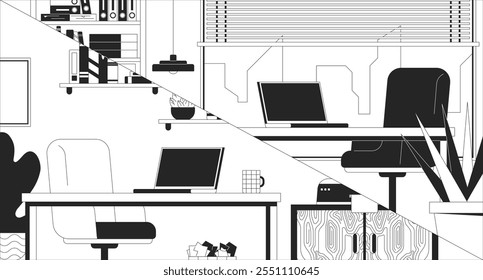 Lugares de trabajo vacíos para portátiles de reuniones virtuales Ilustración de línea en blanco y negro. Salas de estudio home offices mesas 2D interior monocromo fondo. Trabaja desde casa. Vector de contorno de los escritorios de los cuadernos de teletrabajo