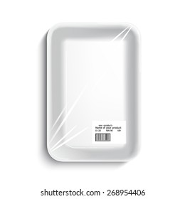 Empty Wrapped Food Tray. Empty Plastic Container Over White Background, Vector.