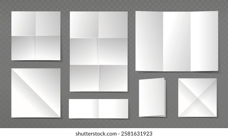 Empty wrinkled leaflets set. White envelopes. Square folded paper. Office or school supplies. Card and brochure, leaflet. Flat vector collection isolated on grey background