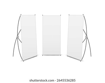 Banner X vazio suporte realista isolado, conjunto de vetores. Flip Chart para treinamento ou apresentação promocional. Modelo de design,modelo de exibição