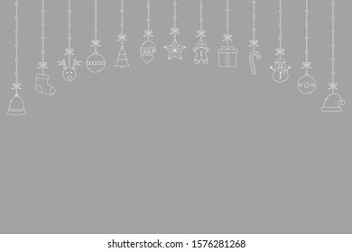 Empty Xmas card with hanging icons. Christmas decoration. Vector