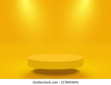 Empty yellow circle pedestal for product displays, sale product with spotlights, design float isolated on yellow background. Vector illustration.