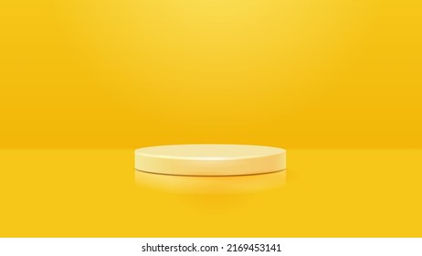 Empty yellow illuminated room with circle platform. 3d style realistic vector illustration