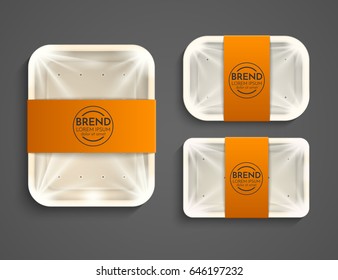 Empty yellow plastic container with an orange label on a gray background. Vector illustration