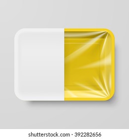 Empty Yellow Plastic Food Container with White label on Gray Background