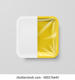 Empty Yellow Plastic Food Square Container with White label on Gray Background