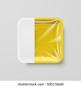 Empty Yellow Plastic Food Square Container with Empty Label on Gray