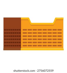 Empty yellow plastic storage basket with brown label, ideal for transporting fruits, vegetables or various products