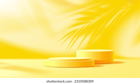 Empty yellow podium mockup with palm leaves shadow on wall. Vector background for cosmetics presentation, event, and exhibition. Professional, sleek, and eye-catching design with round stands