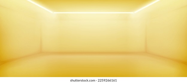 Empty yellow room. 3d studio background in perspective view. Abstract backdrop for photography, modern showroom interior with lamps, red walls and floor, vector realistic illustration