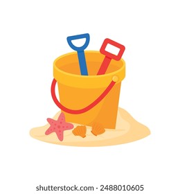 Empty Yellow Sand bucket with scoop, shovel, starfish, clam sea animal. Kid toys for building sand castle in beach vacation. Summer doodle icon vector illustration isolated on transparent background