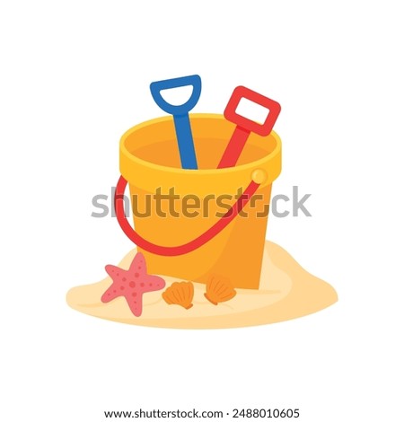 Empty Yellow Sand bucket with scoop, shovel, starfish, clam sea animal. Kid toys for building sand castle in beach vacation. Summer doodle icon vector illustration isolated on transparent background