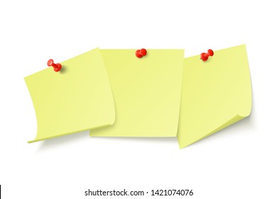 Empty yellow stickers with space for text or message stuck by clip to wall. Vector illustration isolated on white background