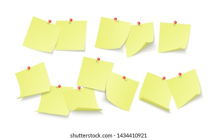 Empty yellow stickers with space for text or message stuck by clip to wall. reminder board. Vector illustration isolated on white background