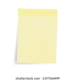 Empty yellow sticky note sheet, vector mock up. Color blank self stick pad isolated on white background, mockup