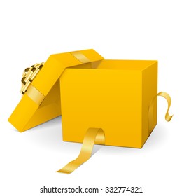 Empty Yellow Vector Gift Box Icon with Golden Package Ribbon Isolated on White Background - For Christmas Season, Easter Season, Valentines Day and Birthday Greeting Cards - Present with Open Lid