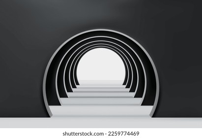 Emptyblack corridor of several round arches in perspective with walls, white floor and shadows. Minimal background. Abstract architecture. Vector illustration of archway. Inside interior