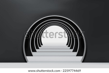 Emptyblack corridor of several round arches in perspective with walls, white floor and shadows. Minimal background. Abstract architecture. Vector illustration of archway. Inside interior