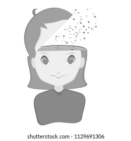 An emptyheaded person with particles floating out of their open head.  Dull, gray tones and a blank expression.  Transparent background in vector file.  White background in jpeg file.  