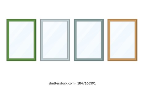 Empy blank vector 3d realistic vertical rectangle photo frame with white paper, acrylic glass and pastel coloured wooden borders. Isolated object on a background.